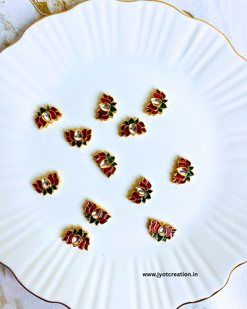Red-green Lotus Meena Kundan-Pack of 2 Pcs