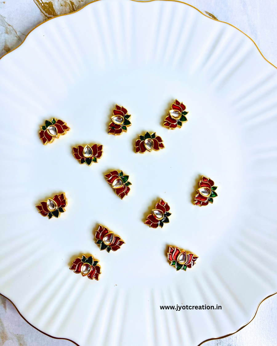 Red-green Lotus Meena Kundan-Pack of 2 Pcs
