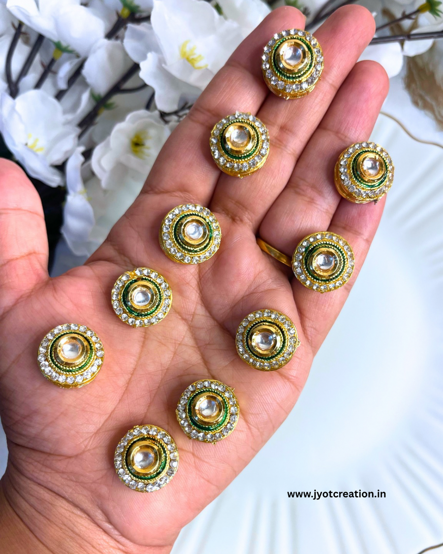Big Round Green Outline A.D Stone Meenakari Kundan-Pack of 6Pcs