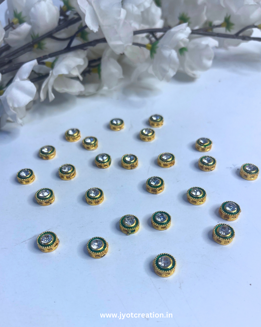 Gold Plated Green Outline Round Meena Kundan-6 Pcs