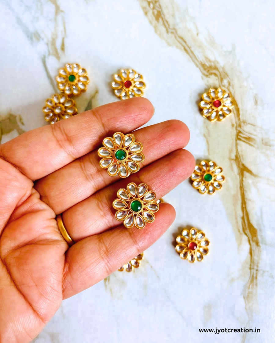 Green Flower Meena Kundan-Pack of 3 Pcs