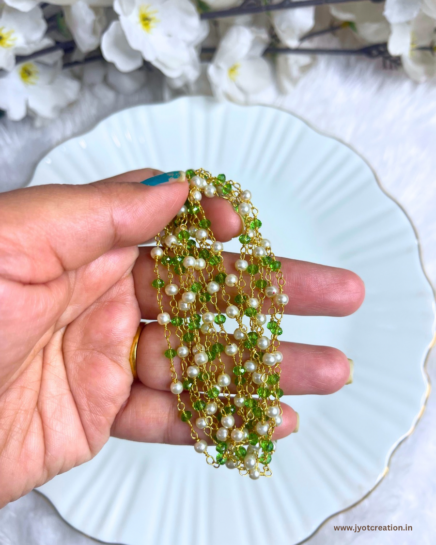 Premium Transparent Parrort Green and White Pearl Crystal Chain