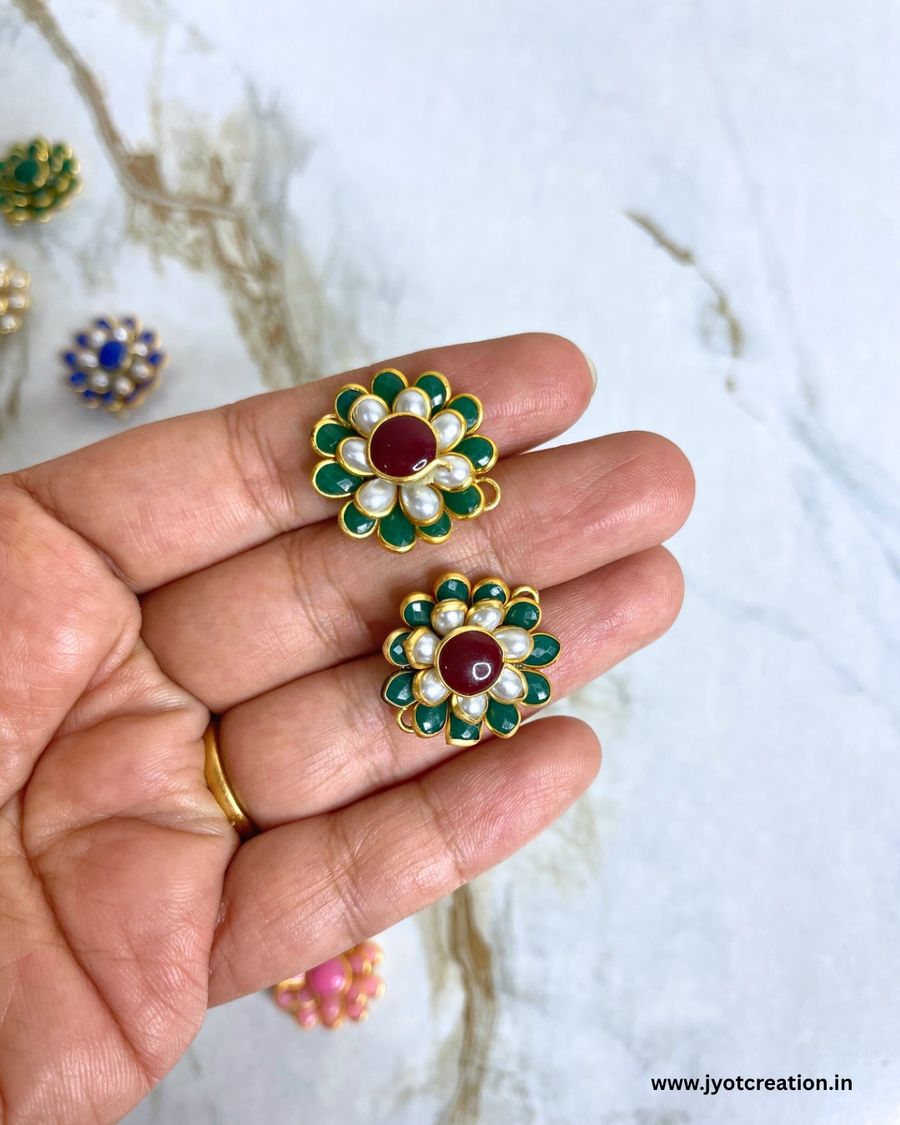 Green White Flower Meena Kundan