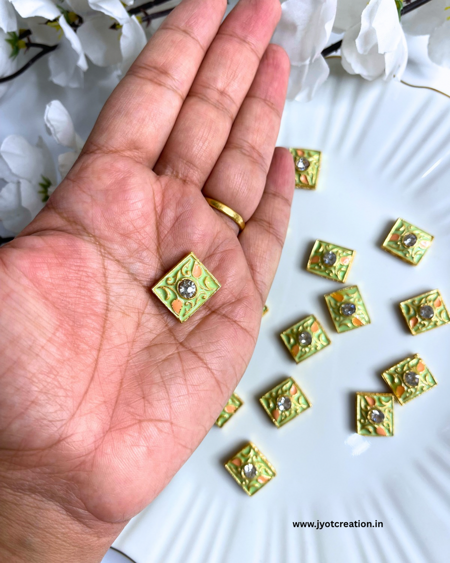 Light-Green Square Shape Designer Meena Kundan-Pack of 3 Pcs