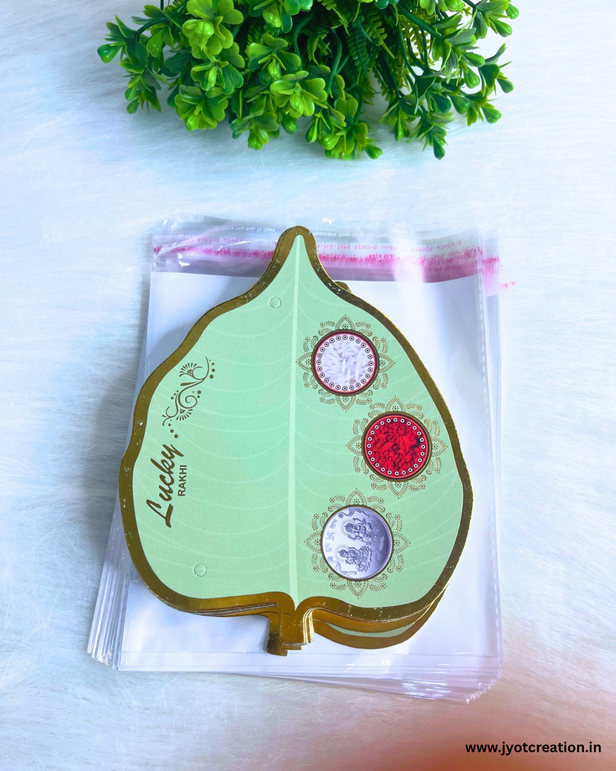 Pastel Green Roli Chawal Rakhi Card With White Silking Bag-I