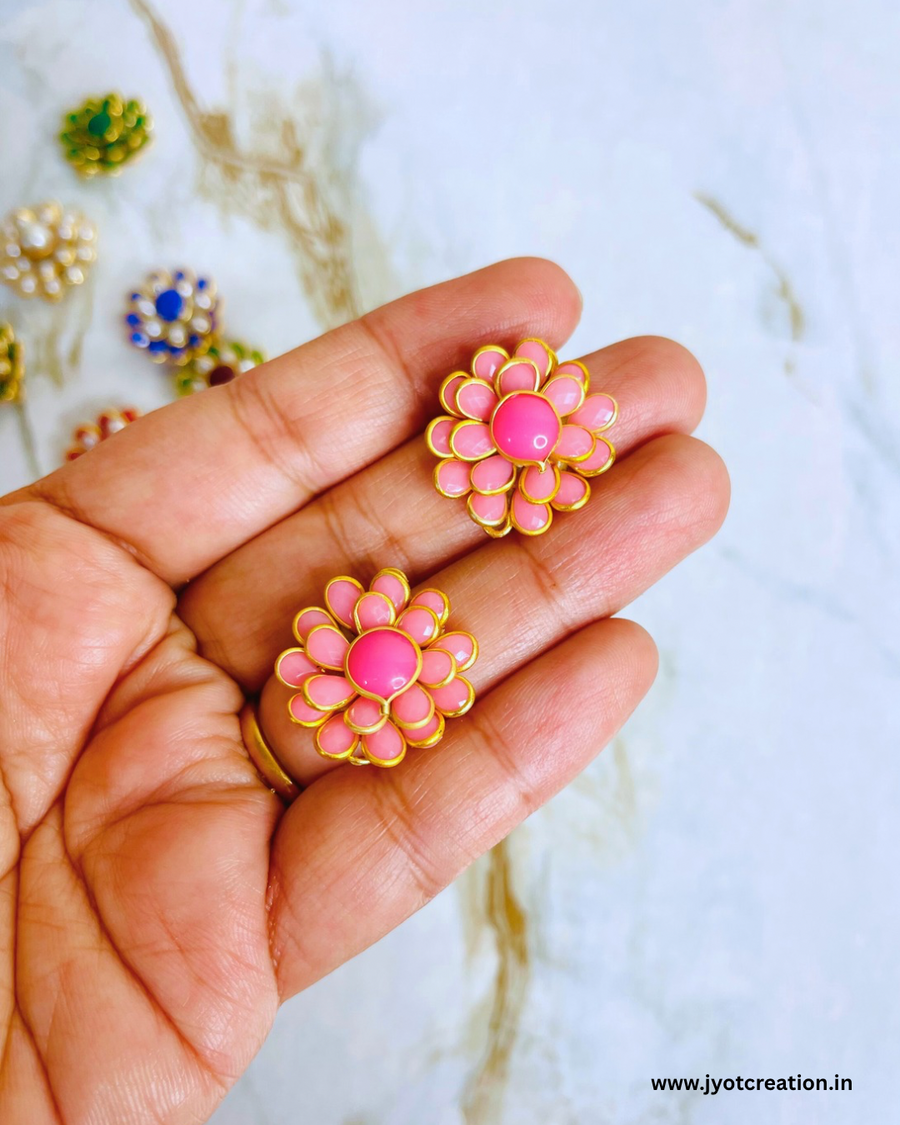 Pink Flower Meena Kundan-PacK of 6Pcs