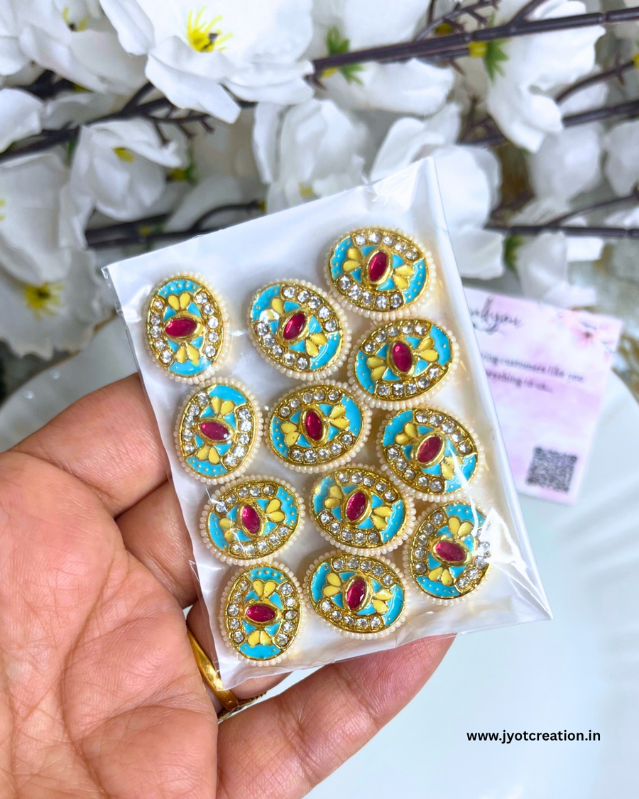 Sky Blue Oval Meena Kundan-Pack of 2Pcs