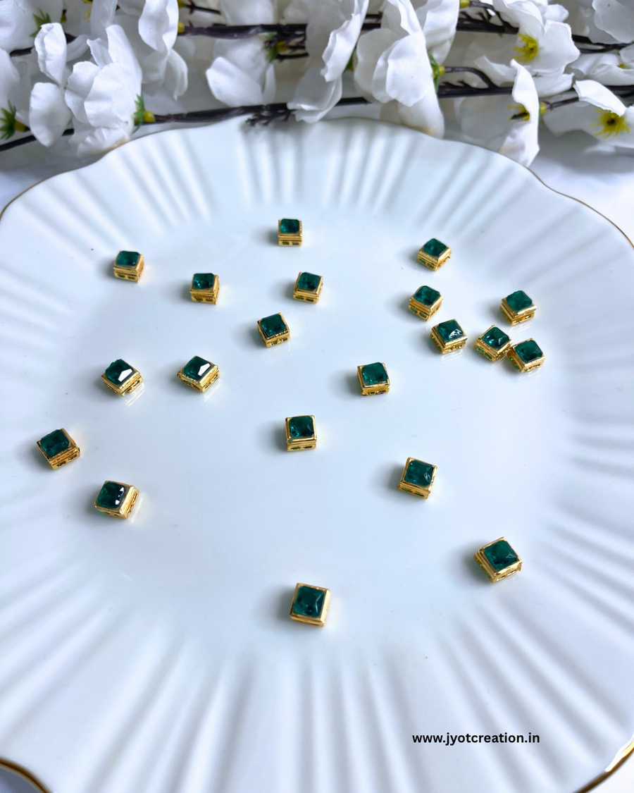 Dark Green Square Meena Kundan-Pack of 4Pcs