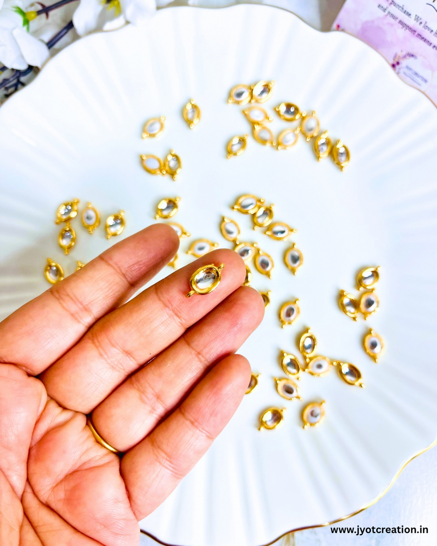 White/Green 2 Hanging Oval Kundan Connector-Pack of 6 Pcs
