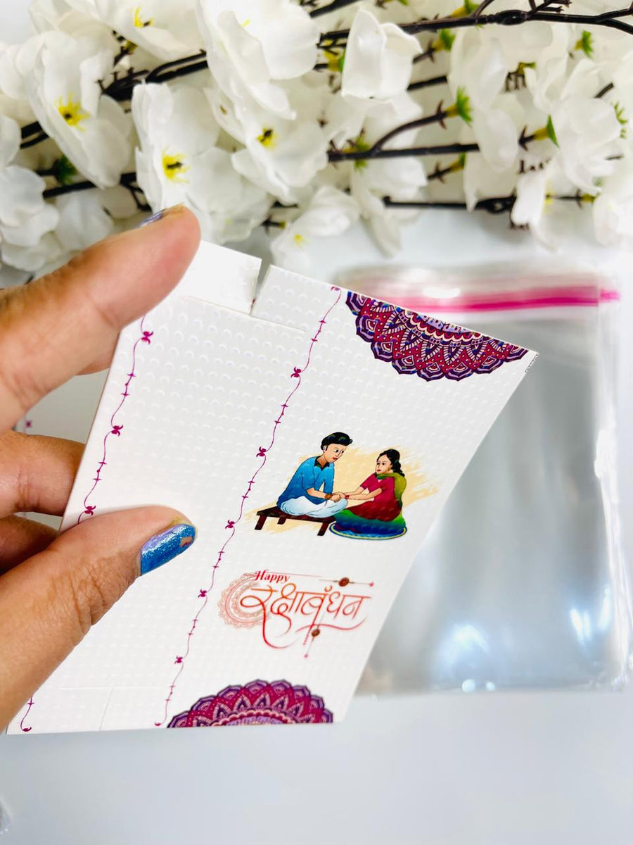 White Rakshabandhan Written Rakhi Card-A With Plastic Cover