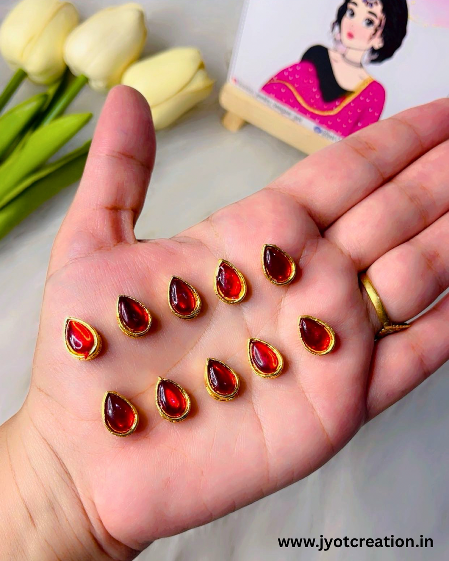 Drop Shape Golden Base Kundan,12*8mm in 6 Colours
