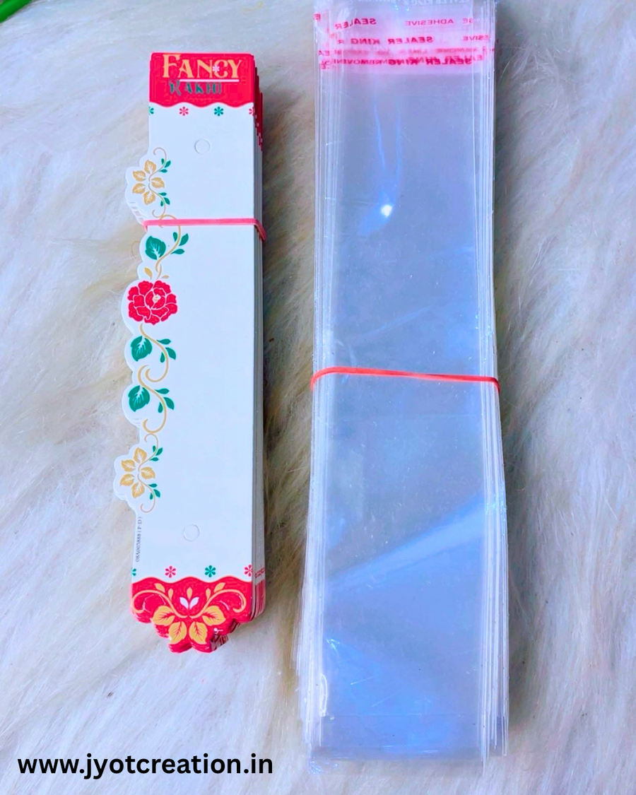 Designer White Red Detailing Fancy Rakhi Card With Plastic Cover