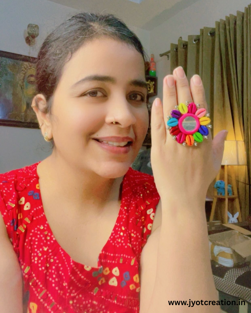 Multicolour Adjustable Silver Cowrie Ring