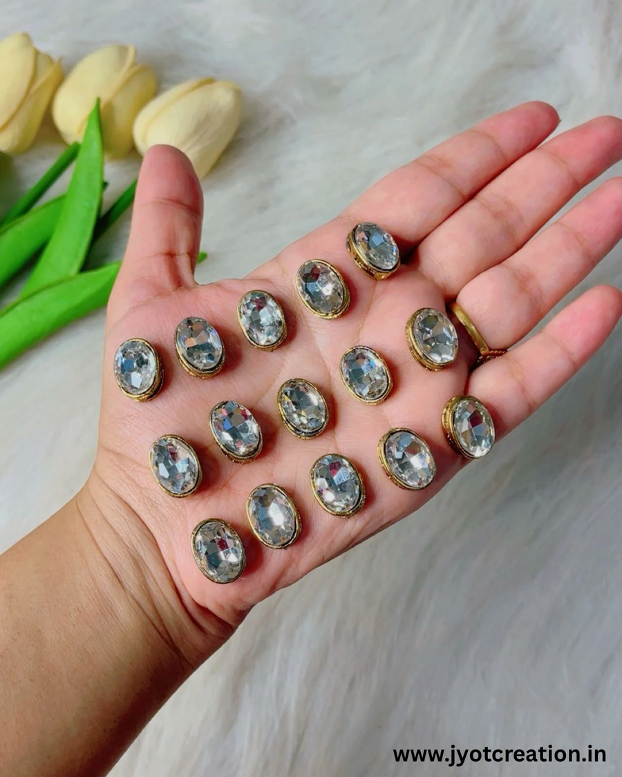 Oval Golden Base Silver Antique Kundan in 3 Size