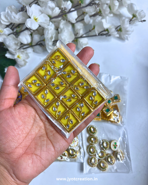 Yellow Square Shape Meena Kundan-Pack of 2 Pcs