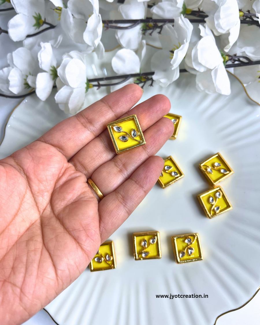 Yellow Square Shape Meena Kundan-Pack of 2 Pcs